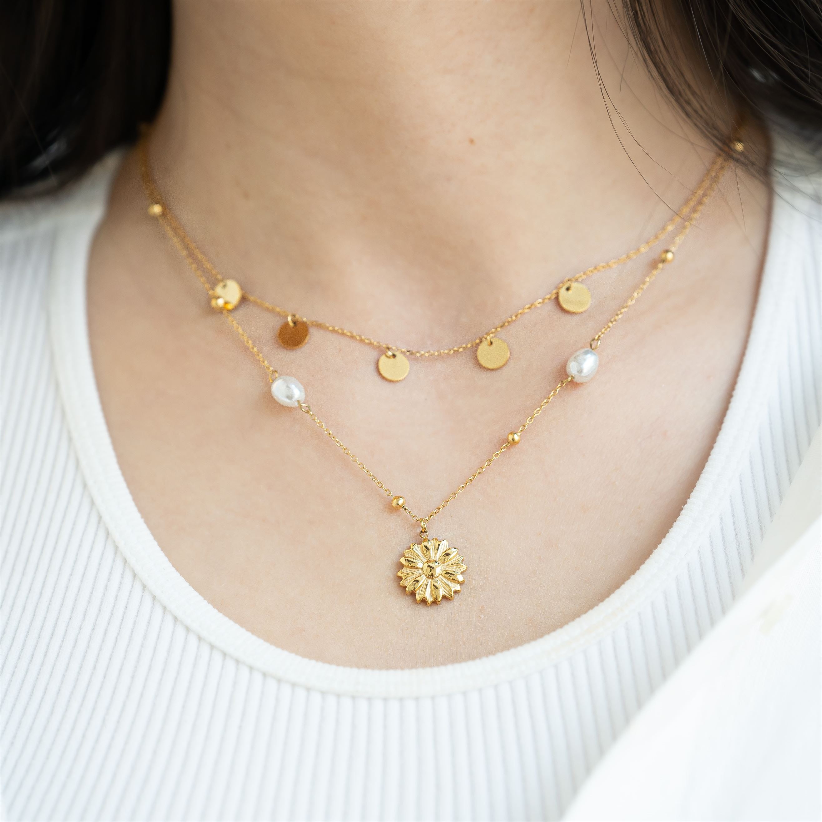 Faux pearl w Flower pendant 2 layered Necklace
